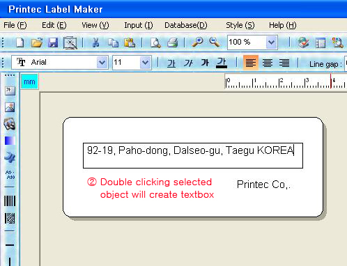 Clicking text to change with mouse when adding, deleting texts will show dotted line around text form and double clicking again with mouse will create textbox and add, delete texts while the cursor in the box is blinking.